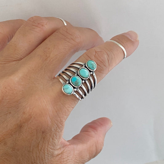Genuine Turquoise Sterling Silver Ring: Multiple Band Boho Statement Ring