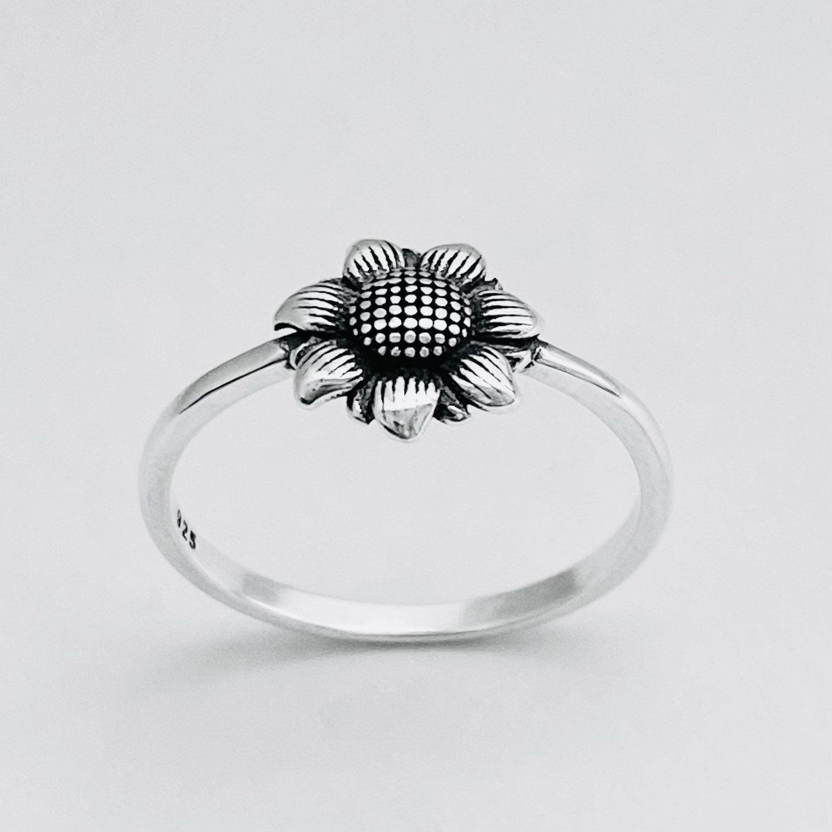 Oxidized Sterling Silver Sunflower Ring: Dainty Floral Boho Ring