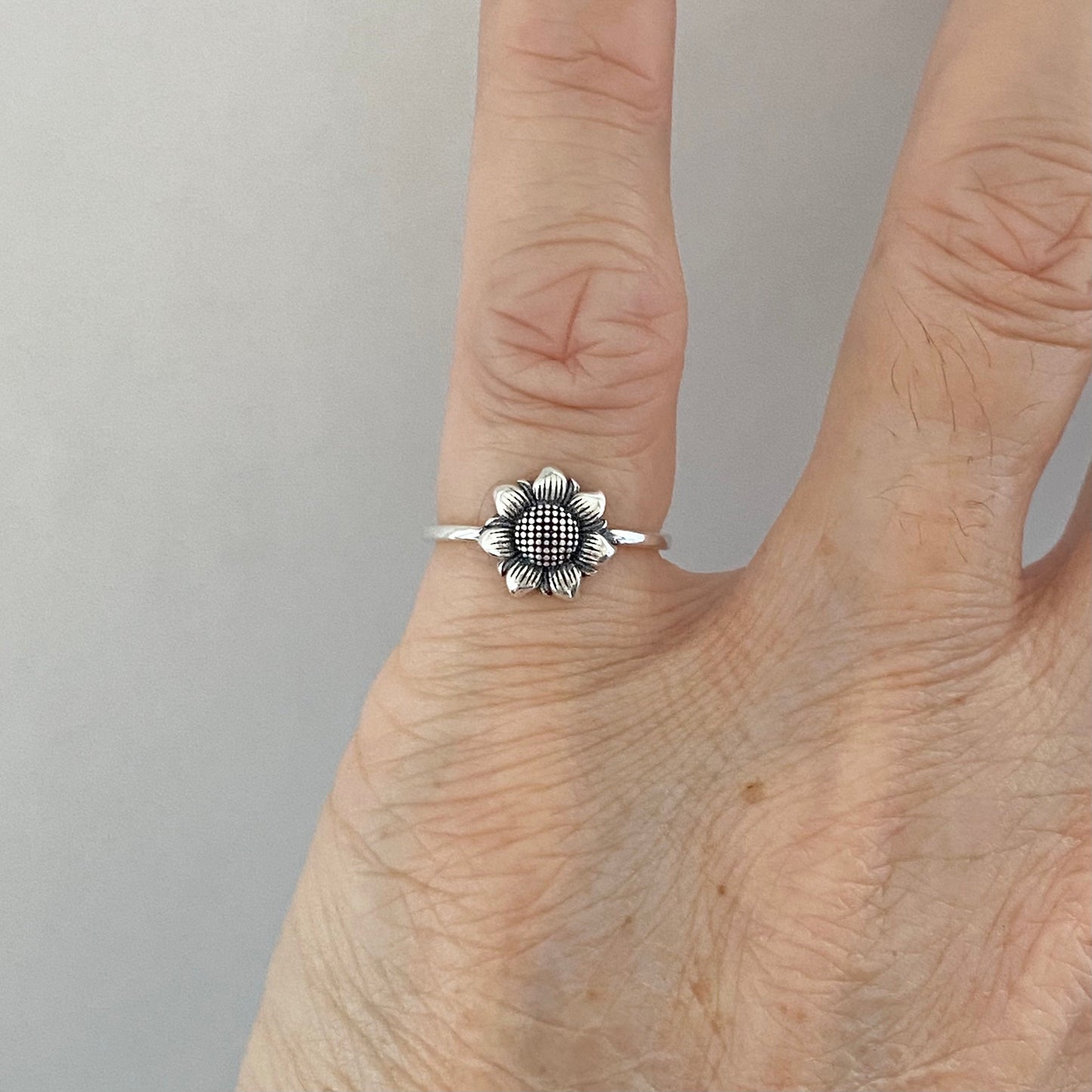 Oxidized Sterling Silver Sunflower Ring: Dainty Floral Boho Ring