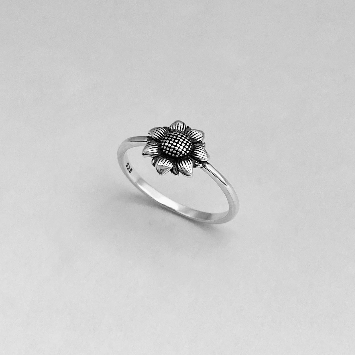 Oxidized Sterling Silver Sunflower Ring: Dainty Floral Boho Ring