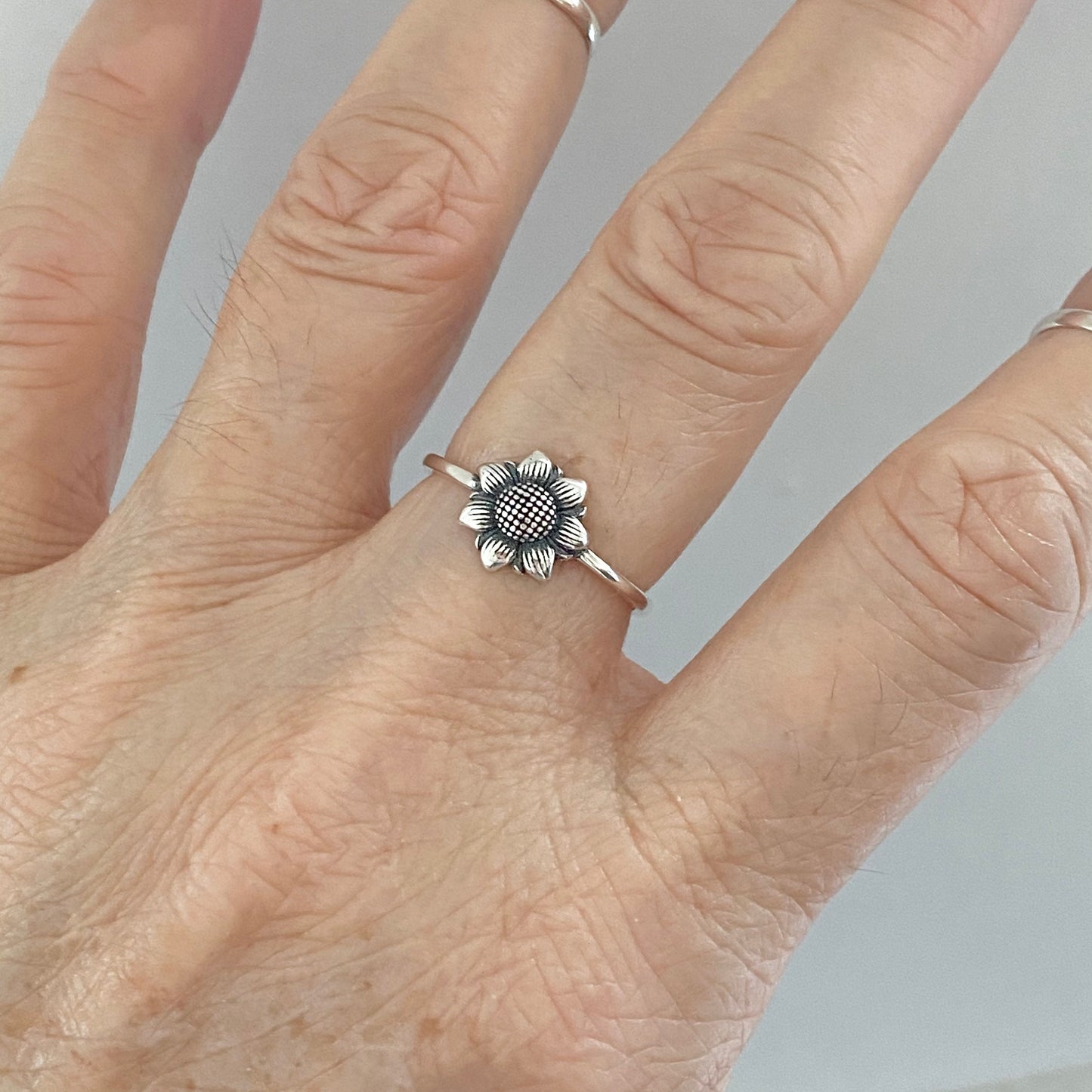 Oxidized Sterling Silver Sunflower Ring: Dainty Floral Boho Ring