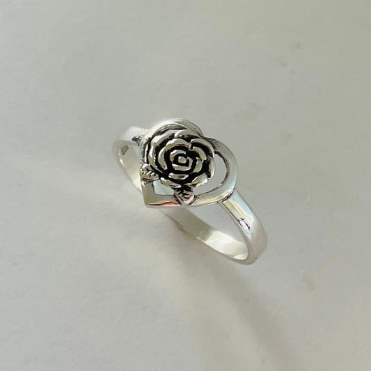 Oxidized Sterling Silver Rose Heart Ring: Boho Flower Jewelry