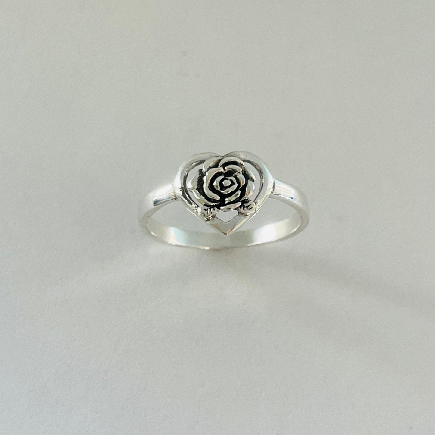 Oxidized Sterling Silver Rose Heart Ring: Boho Flower Jewelry