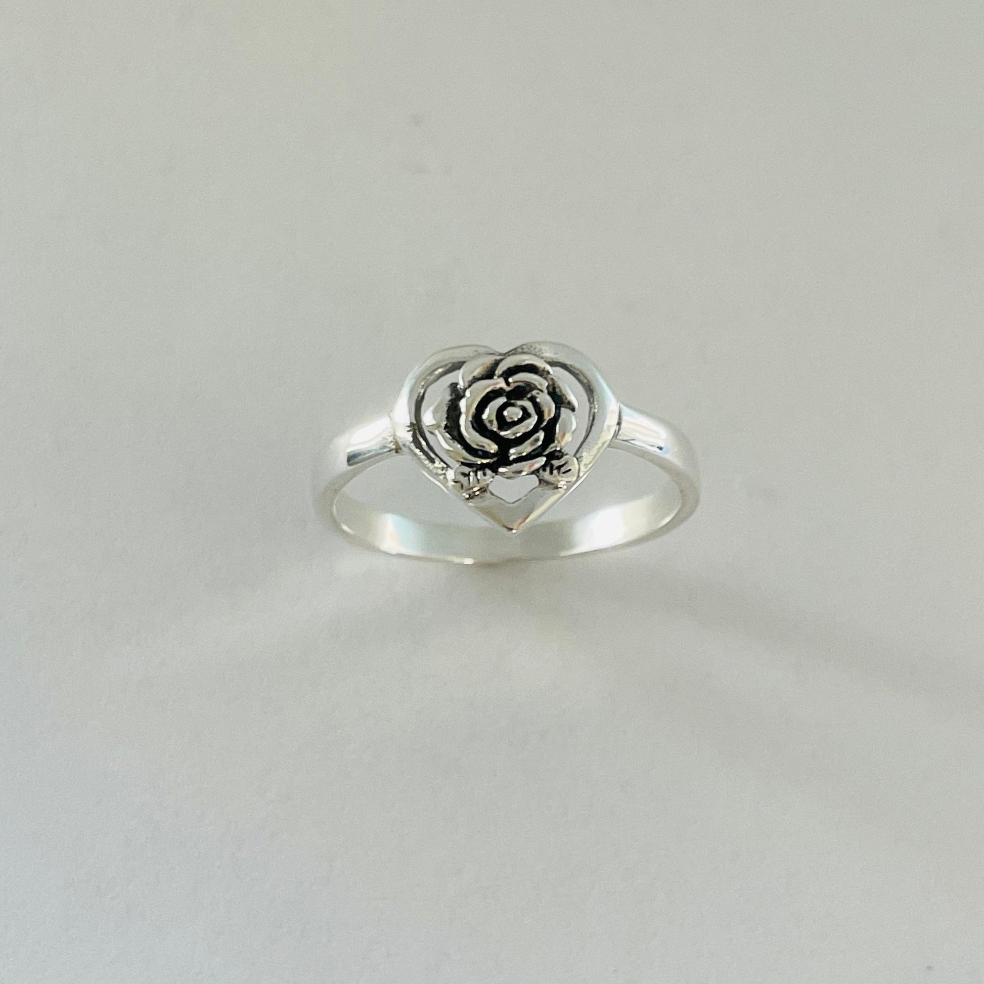 Oxidized Sterling Silver Rose Heart Ring: Boho Flower Jewelry