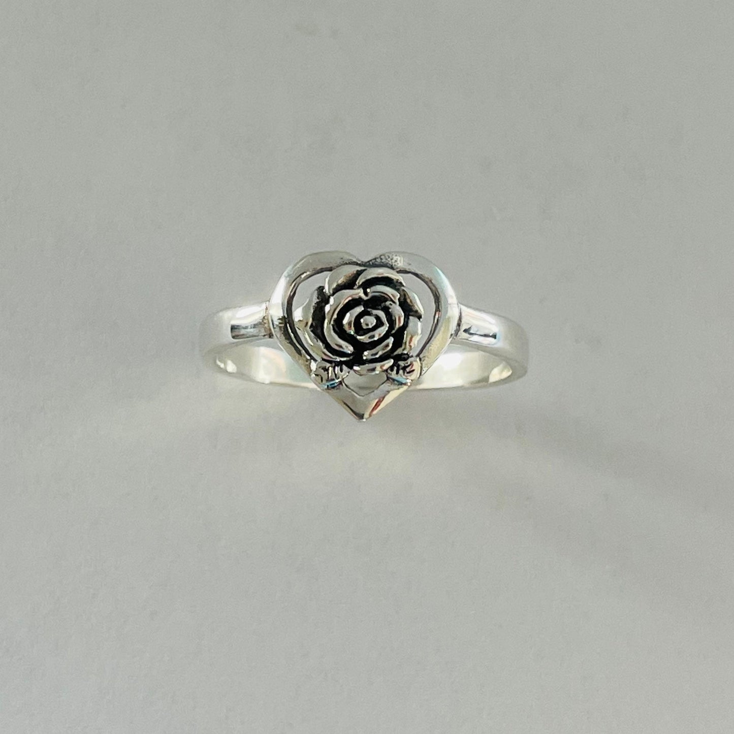 Oxidized Sterling Silver Rose Heart Ring: Boho Flower Jewelry