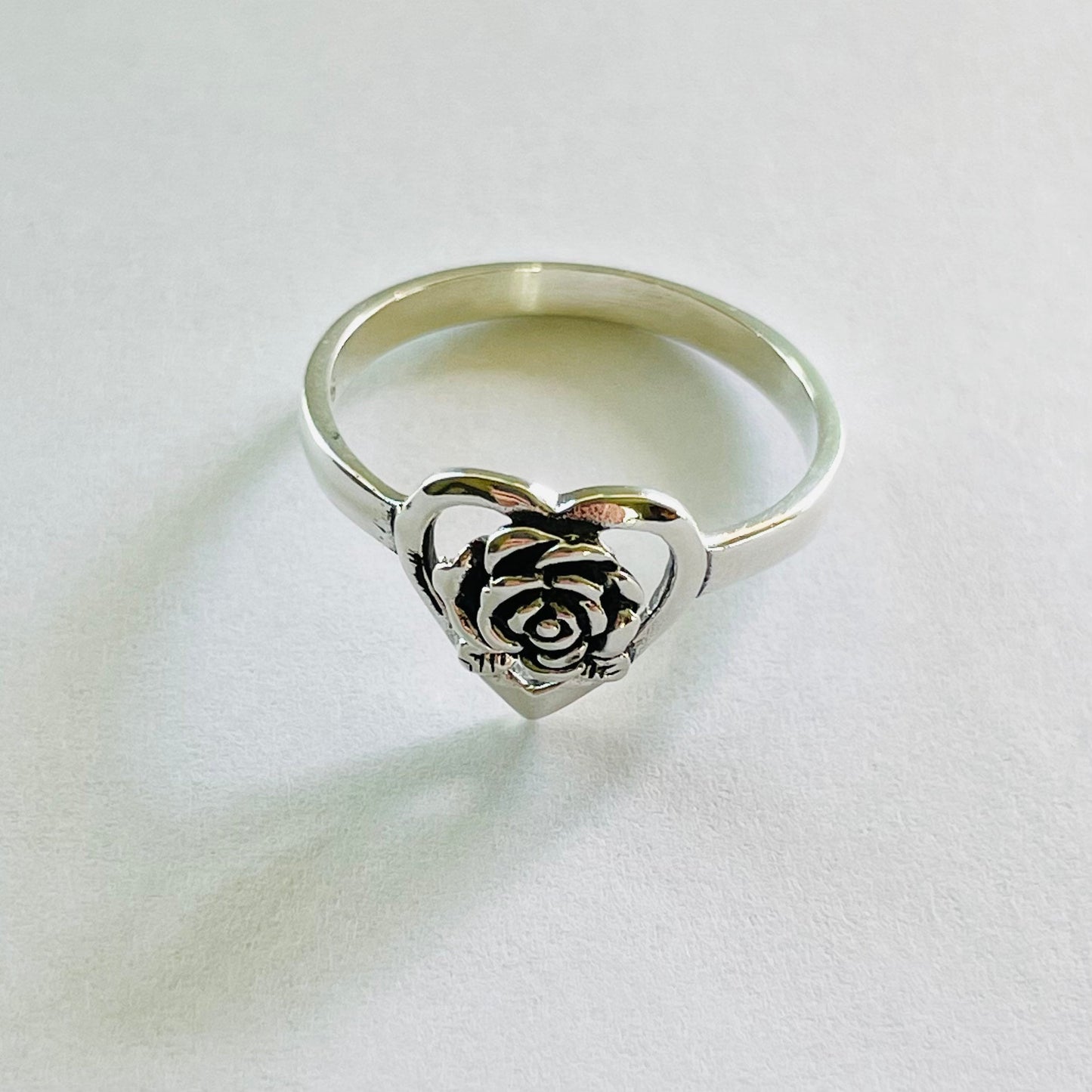Oxidized Sterling Silver Rose Heart Ring: Boho Flower Jewelry