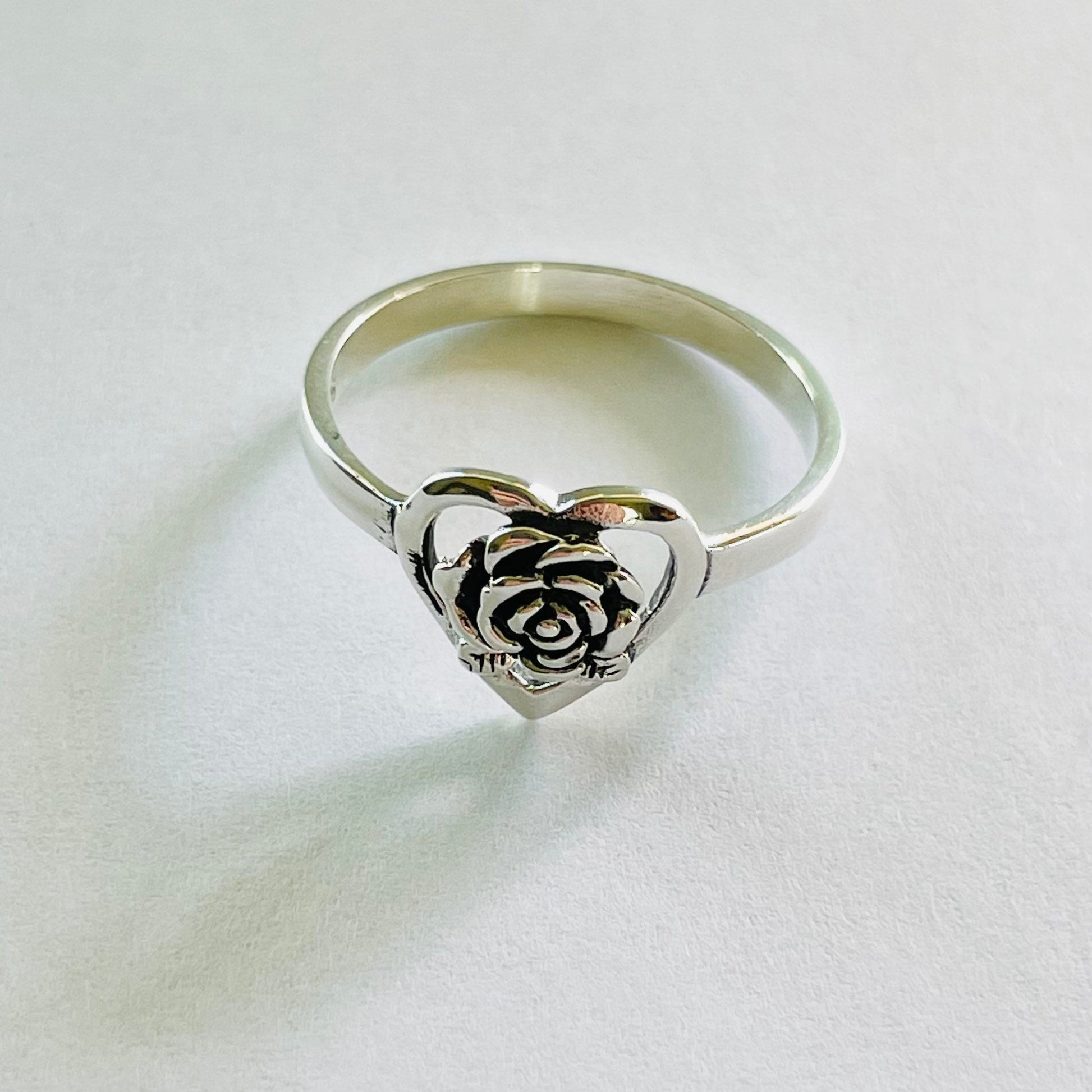 Oxidized Sterling Silver Rose Heart Ring: Boho Flower Jewelry