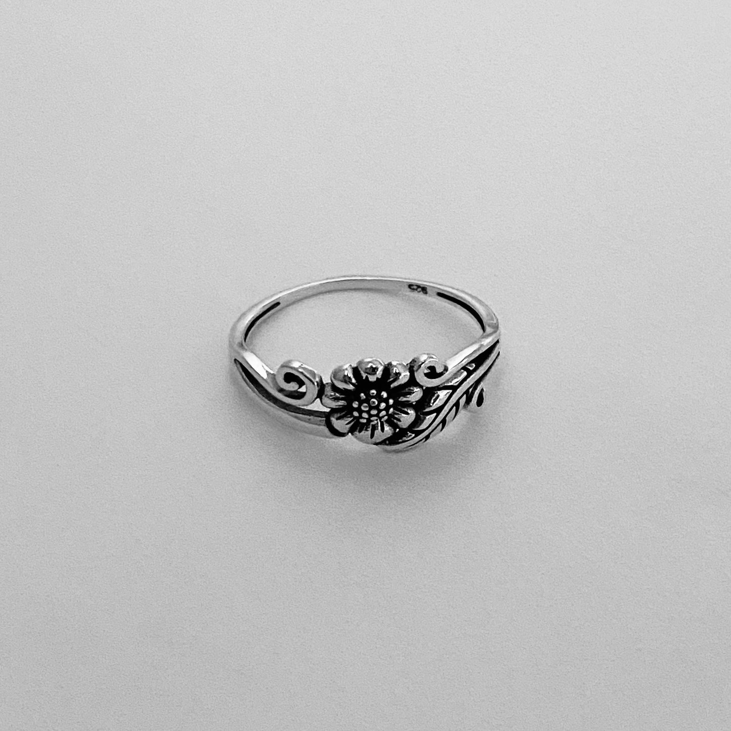 Small Sunflower Sterling Silver Thin Band Ring, Leaf and Swirly Ring, Flower Ring, Dainty Ring, Sunshine Ring, Floral Ring, Sunflower Ring.