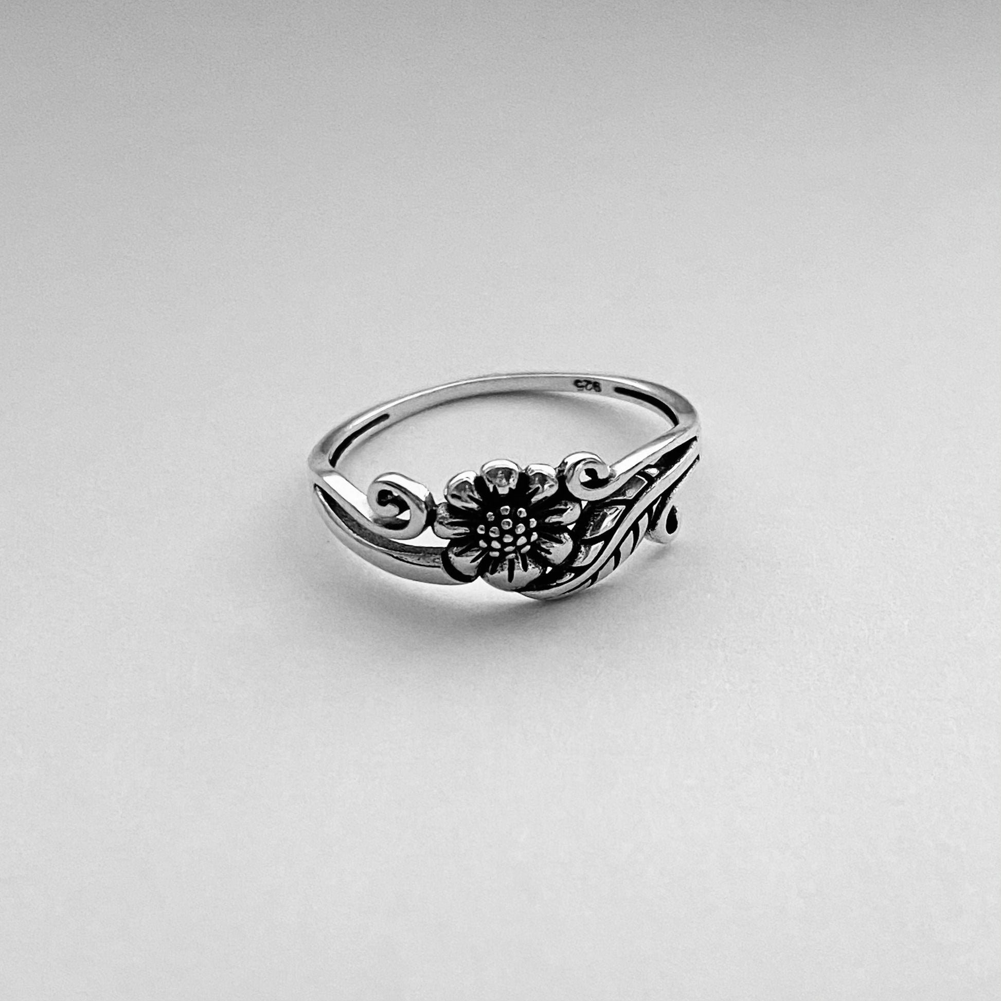 Small Sunflower Sterling Silver Thin Band Ring, Leaf and Swirly Ring, Flower Ring, Dainty Ring, Sunshine Ring, Floral Ring, Sunflower Ring.