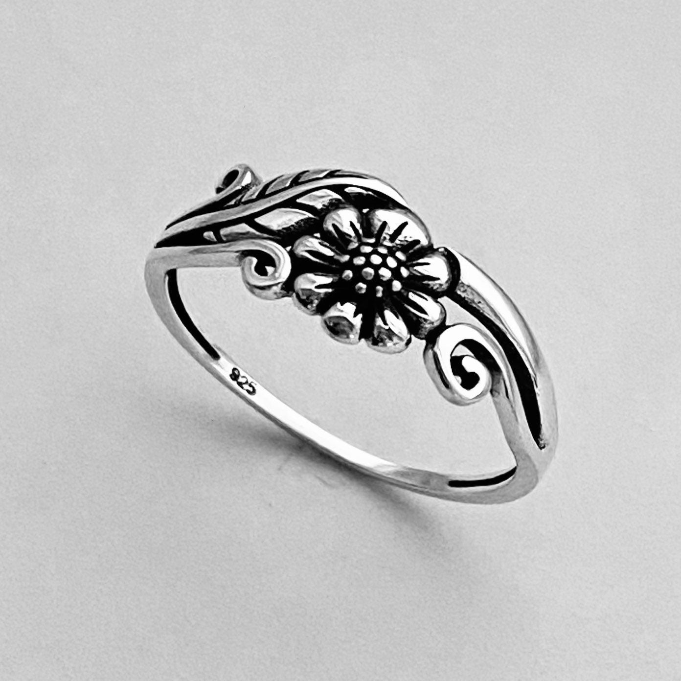 Small Sunflower Sterling Silver Thin Band Ring, Leaf and Swirly Ring, Flower Ring, Dainty Ring, Sunshine Ring, Floral Ring, Sunflower Ring.