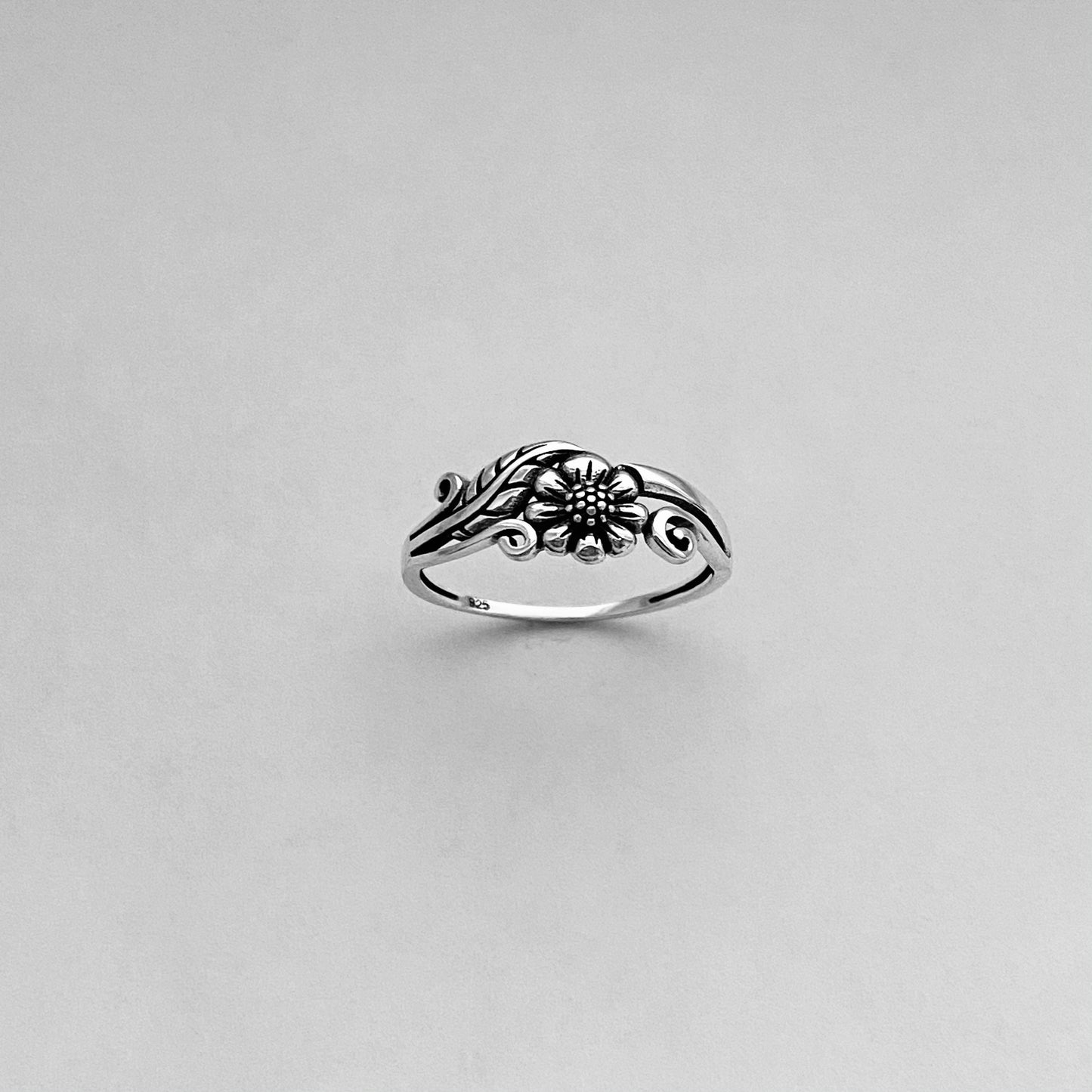 Small Sunflower Sterling Silver Thin Band Ring, Leaf and Swirly Ring, Flower Ring, Dainty Ring, Sunshine Ring, Floral Ring, Sunflower Ring.