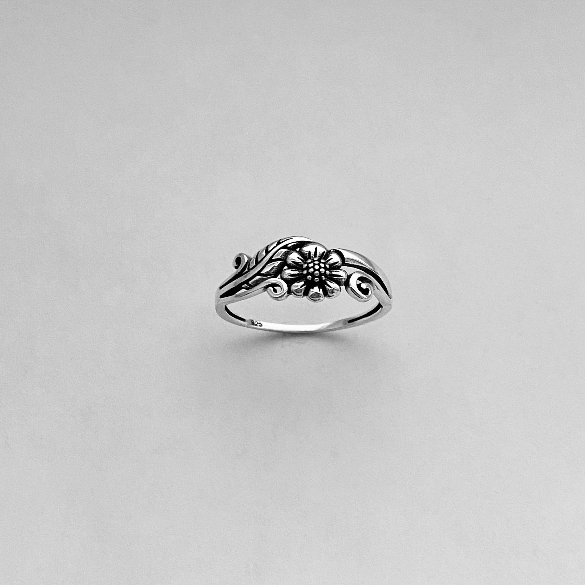 Small Sunflower Sterling Silver Thin Band Ring, Leaf and Swirly Ring, Flower Ring, Dainty Ring, Sunshine Ring, Floral Ring, Sunflower Ring.