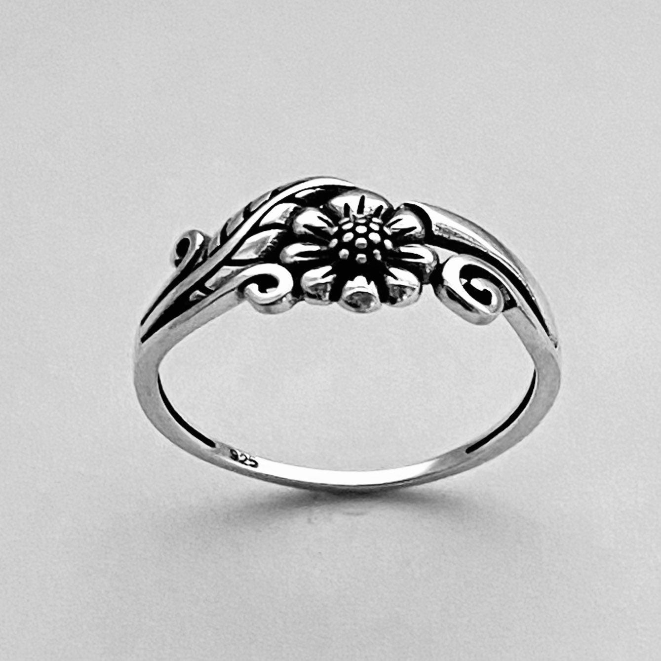 Small Sunflower Sterling Silver Thin Band Ring, Leaf and Swirly Ring, Flower Ring, Dainty Ring, Sunshine Ring, Floral Ring, Sunflower Ring.