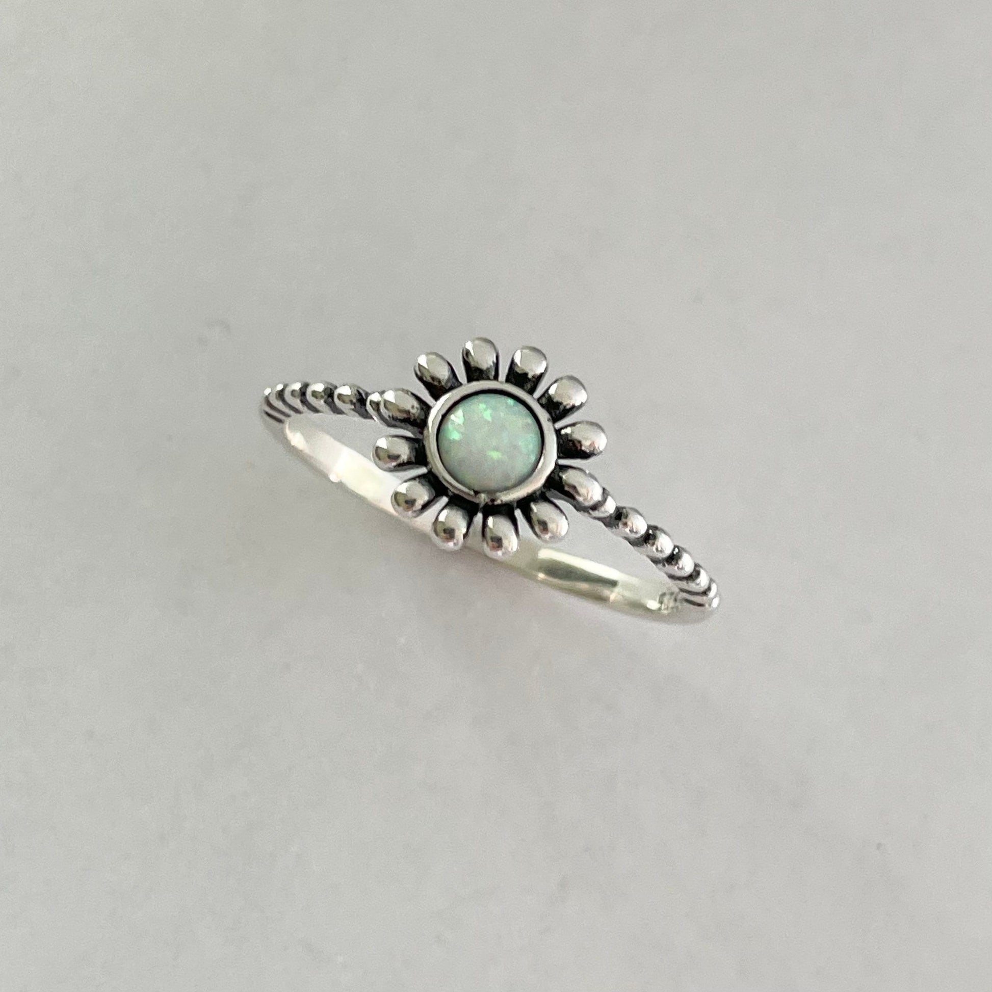 Sterling Silver Daisy with White Lab Opal Ring, Dainty Ring, Daisy Ring, Opal Ring, Boho Ring, Flower Ring, White Opal, Happy Flower Ring