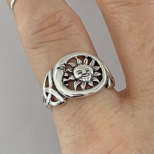 Sterling Silver Sun and Moon Large Unisex Ring, Celtic Sun Ring, Moon Celtic Ring, Celestial Ring, Promise Sun Ring, Sky Ring, Sunshine Ring