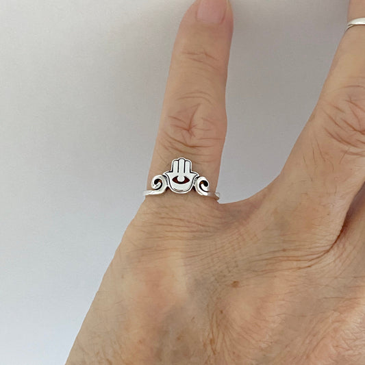 Oxidized Sterling Silver Hamsa Hand Ring: Protective Evil Eye Jewelry