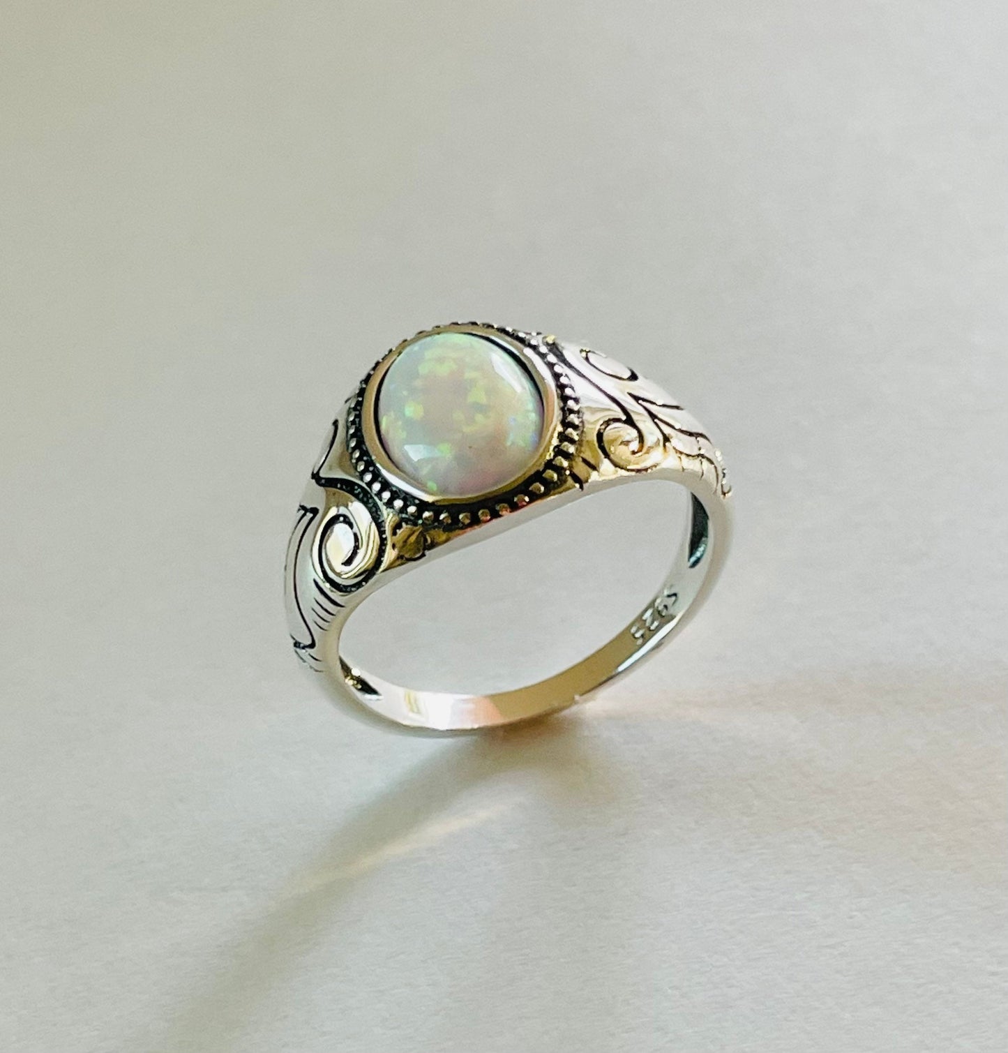 Oxidized Sterling Silver Opal Ring: Unisex Boho Statement Ring