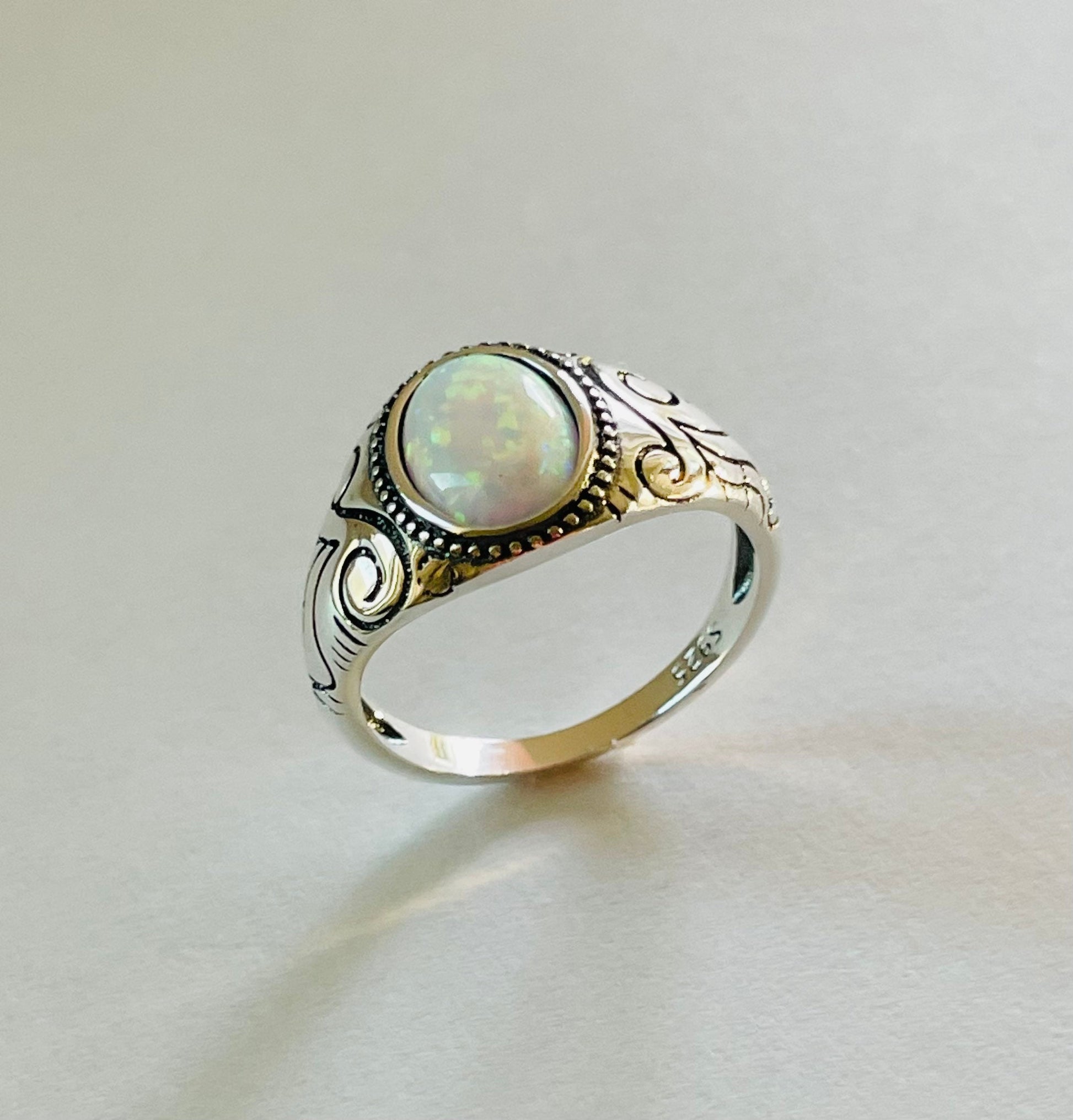 Oxidized Sterling Silver Opal Ring: Unisex Boho Statement Ring