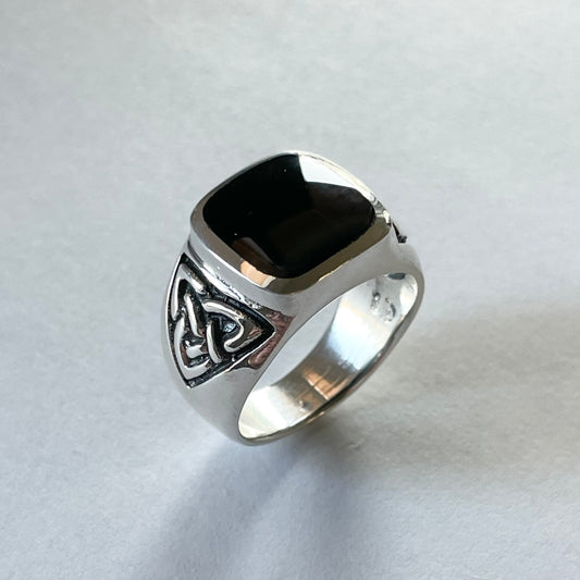 Sterling Silver Unisex Heavy Large Celtic Square Black Agate Band, Silver Black Agate Ring, Celtic Wedding Ring, Boho Ring, Statement Ring,