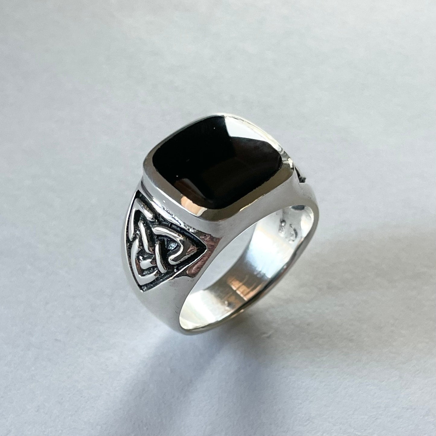Sterling Silver Black Agate Celtic Ring: Unisex Statement Band