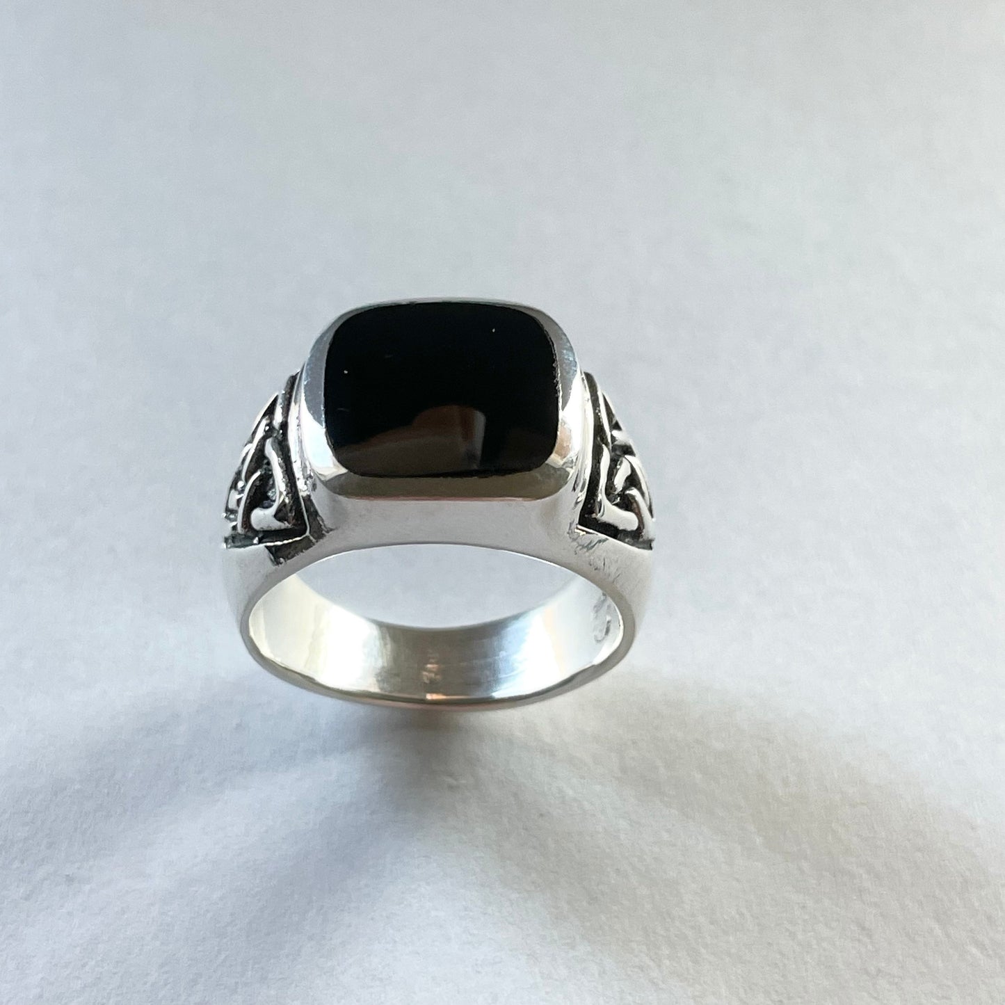 Sterling Silver Unisex Heavy Large Celtic Square Black Agate Band, Silver Black Agate Ring, Celtic Wedding Ring, Boho Ring, Statement Ring,