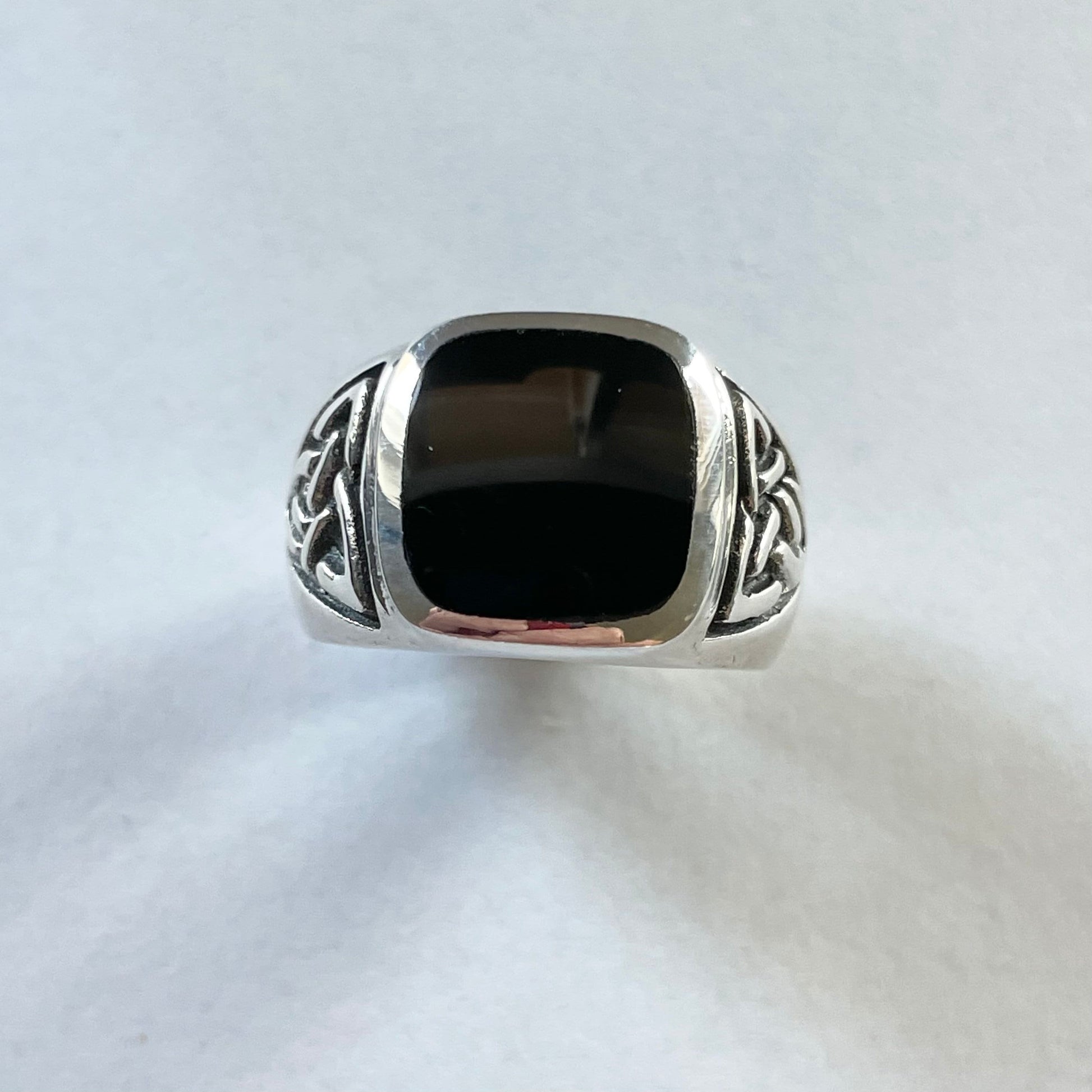 Sterling Silver Unisex Heavy Large Celtic Square Black Agate Band, Silver Black Agate Ring, Celtic Wedding Ring, Boho Ring, Statement Ring,