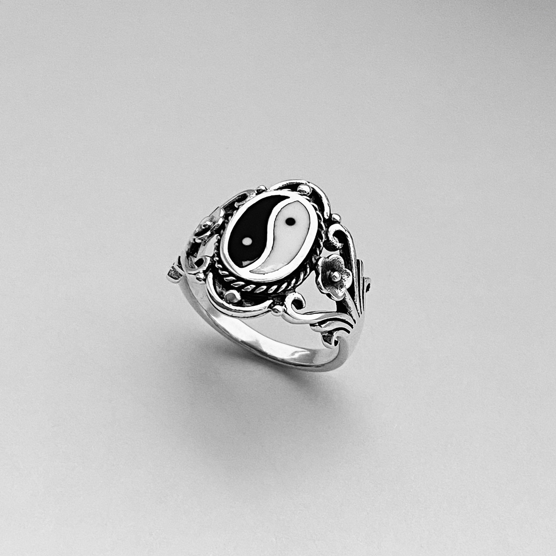Sterling Silver Yin Yang Ring: Floral Boho Yoga Jewelry