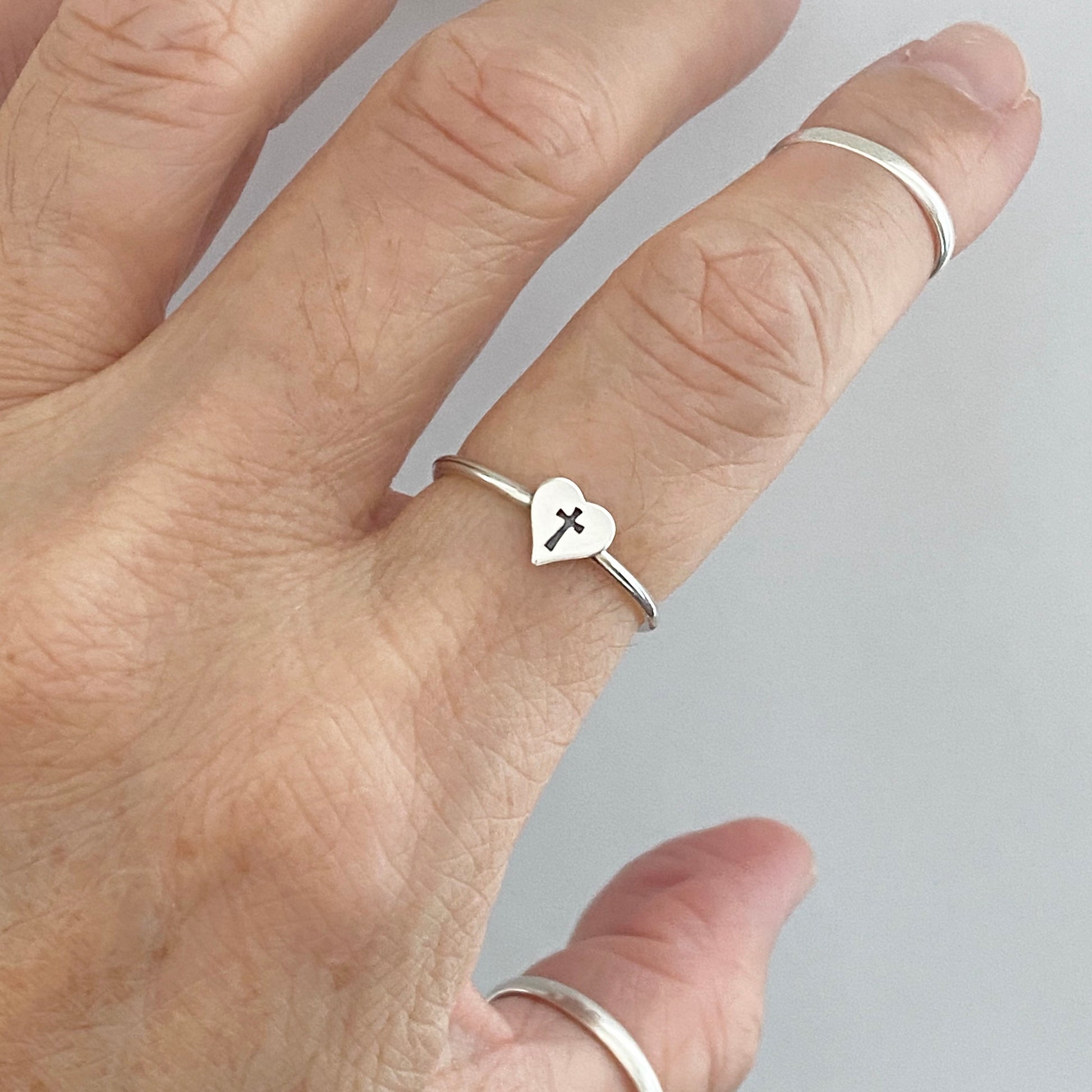 Sterling Silver Dainty Heart Cross Ring, Silver Heart Ring, Love Ring, Dainty Ring, Silver Cross Ring, Statement Ring, Religious Heart Ring