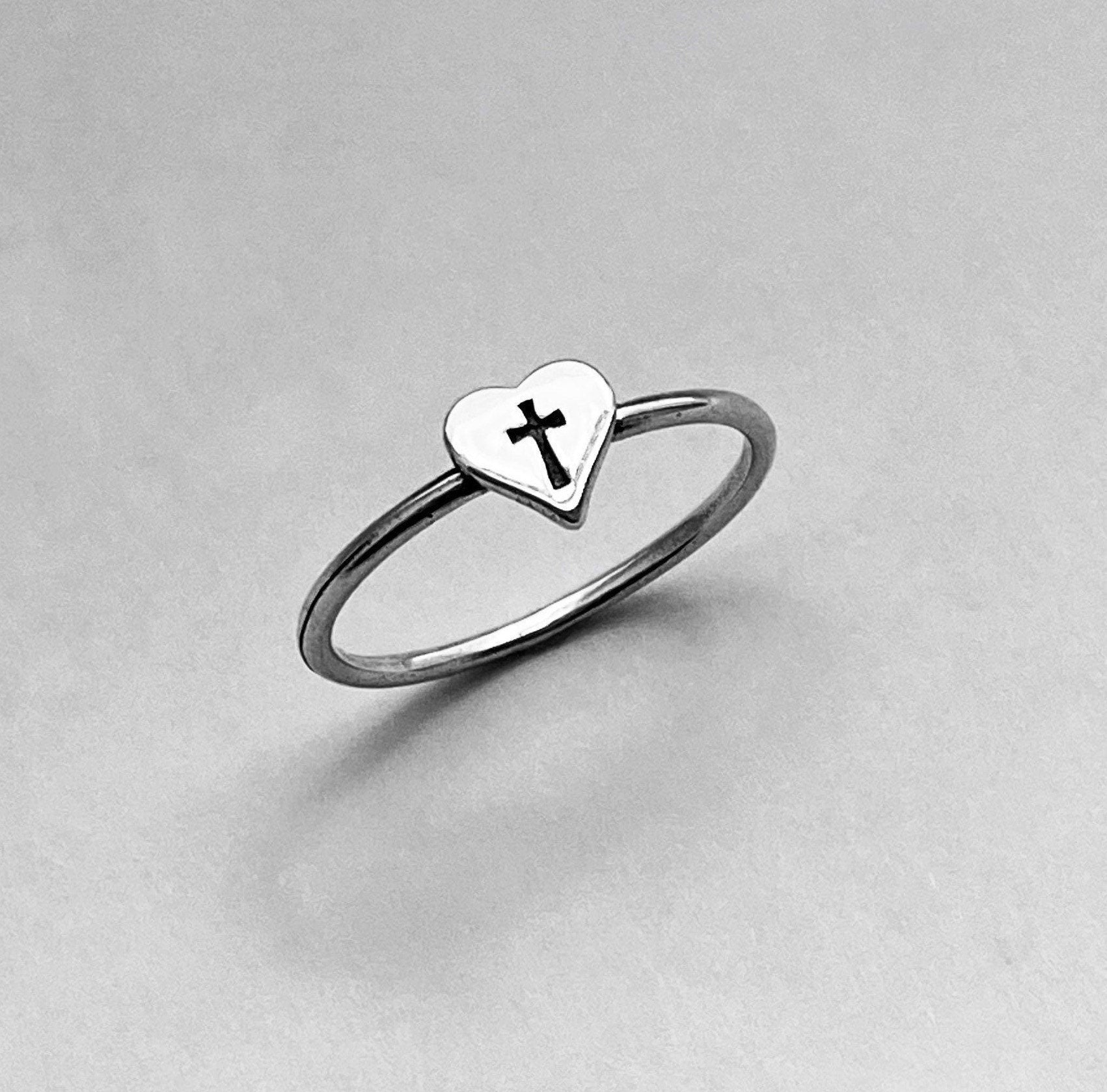 Sterling Silver Dainty Heart Cross Ring, Silver Heart Ring, Love Ring, Dainty Ring, Silver Cross Ring, Statement Ring, Religious Heart Ring