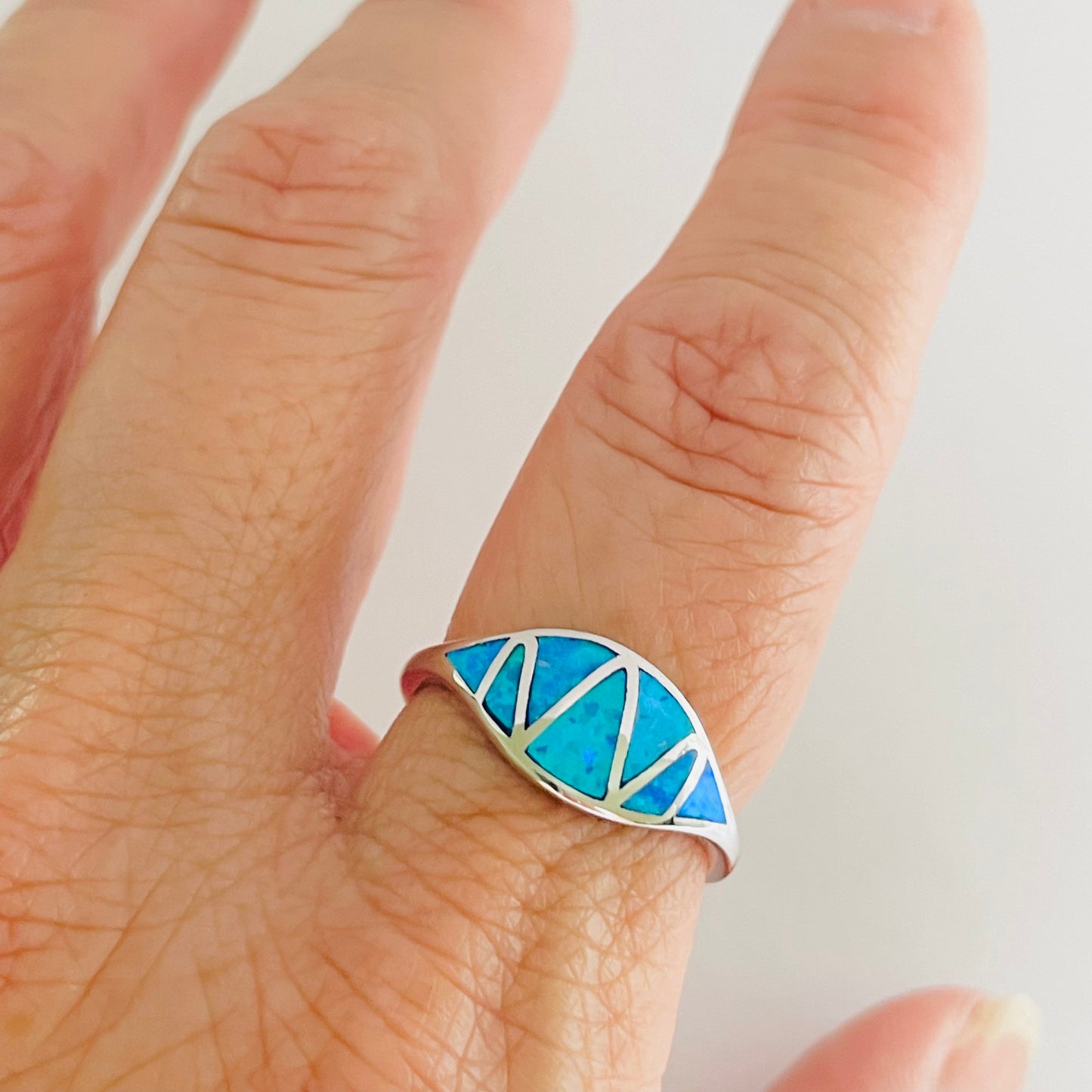 Sterling Silver Zigzag Blue Lab Opal Ring: Boho Statement Jewelry