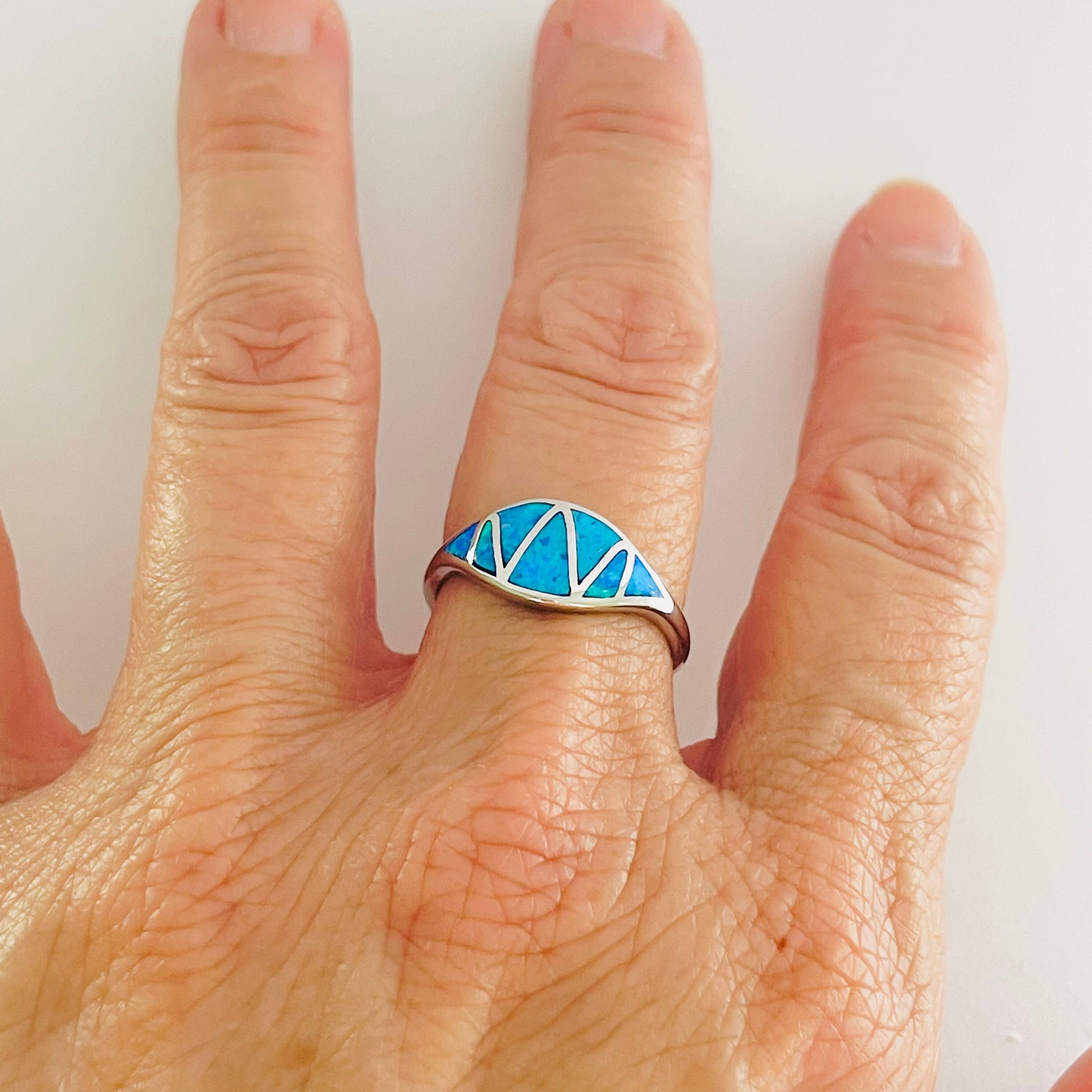 Sterling Silver Zigzag Blue Lab Opal Ring, Boho Ring, Statement Ring, Opal Ring, Love Ring, Ocean Blue Ring