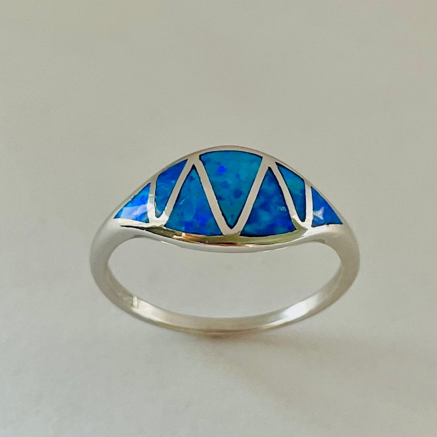 Sterling Silver Zigzag Blue Lab Opal Ring: Boho Statement Jewelry