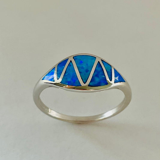 Sterling Silver Zigzag Blue Lab Opal Ring: Boho Statement Jewelry