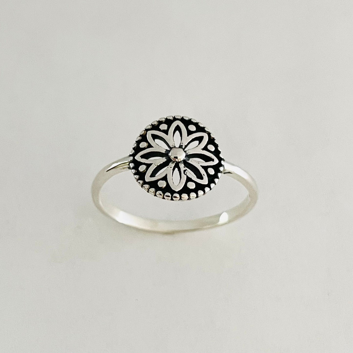 Dainty Sterling Silver Mandala Flower Ring: Oxidized Boho Jewelry