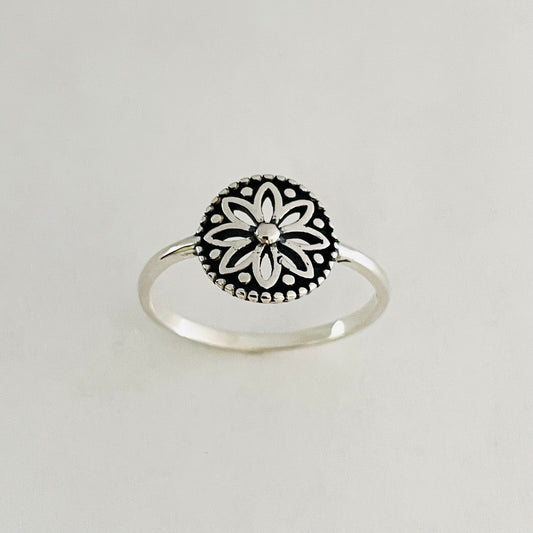 Dainty Sterling Silver Mandala Flower Ring: Oxidized Boho Jewelry