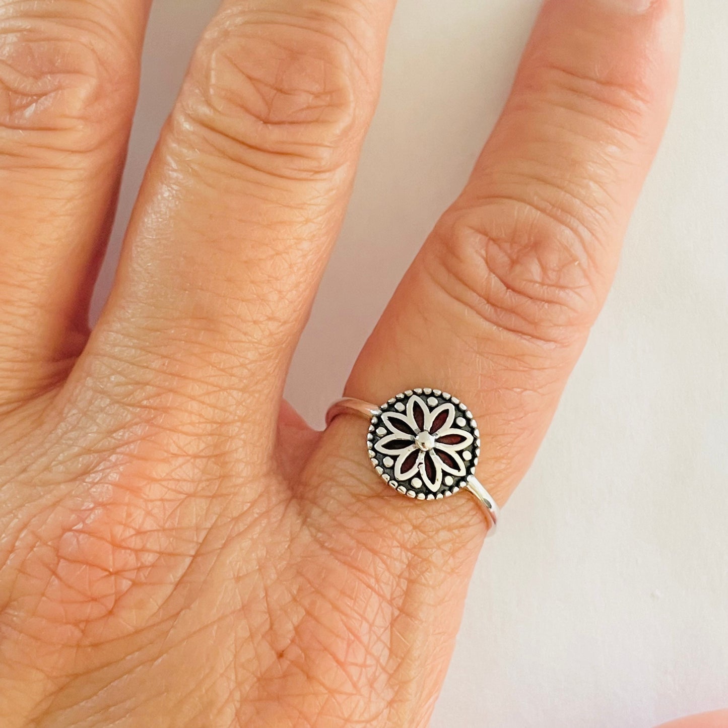 Dainty Sterling Silver Mandala Flower Ring: Oxidized Boho Jewelry