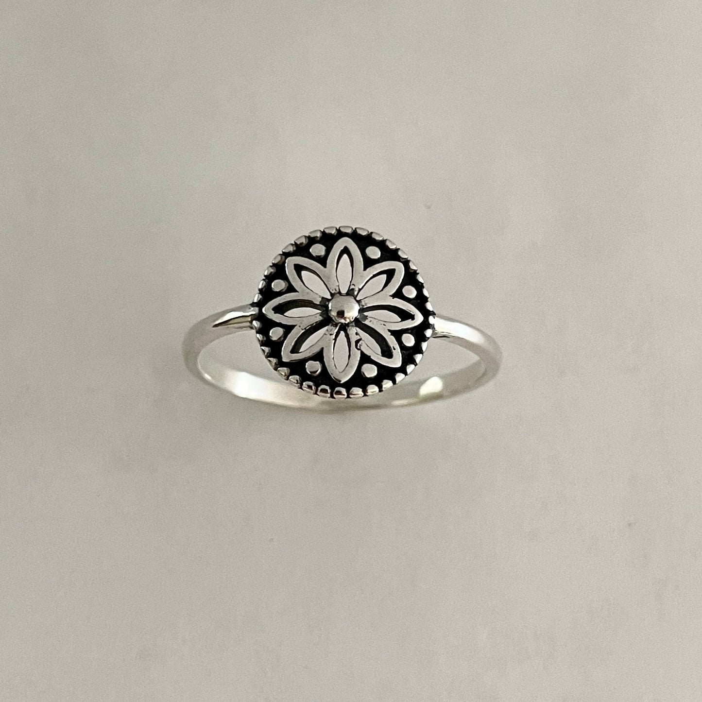 Dainty Sterling Silver Mandala Flower Ring: Oxidized Boho Jewelry