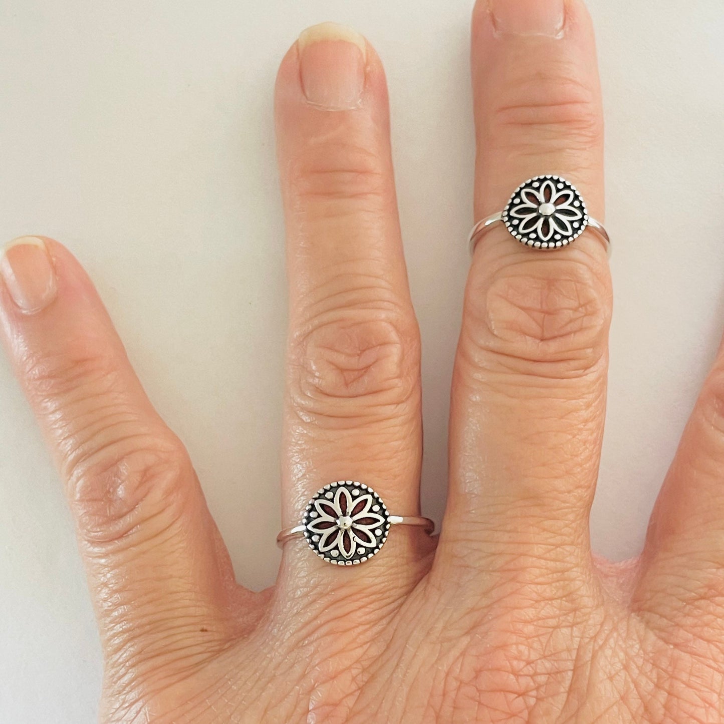 Dainty Sterling Silver Mandala Flower Ring: Oxidized Boho Jewelry