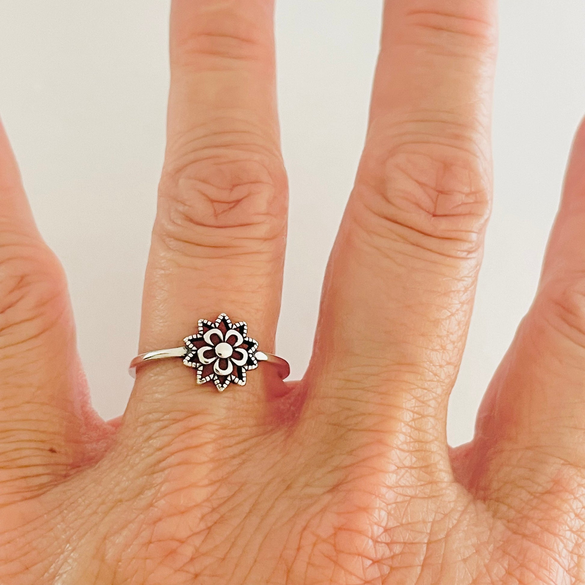 Sterling Silver Mandala Flower Ring: Spiritual Boho Jewelry