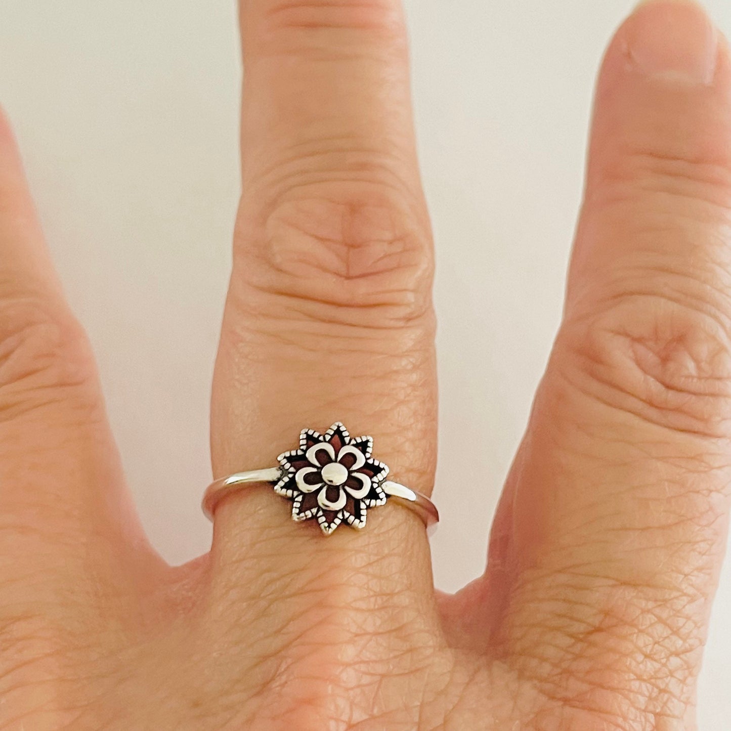Sterling Silver Mandala Flower Ring: Spiritual Boho Jewelry