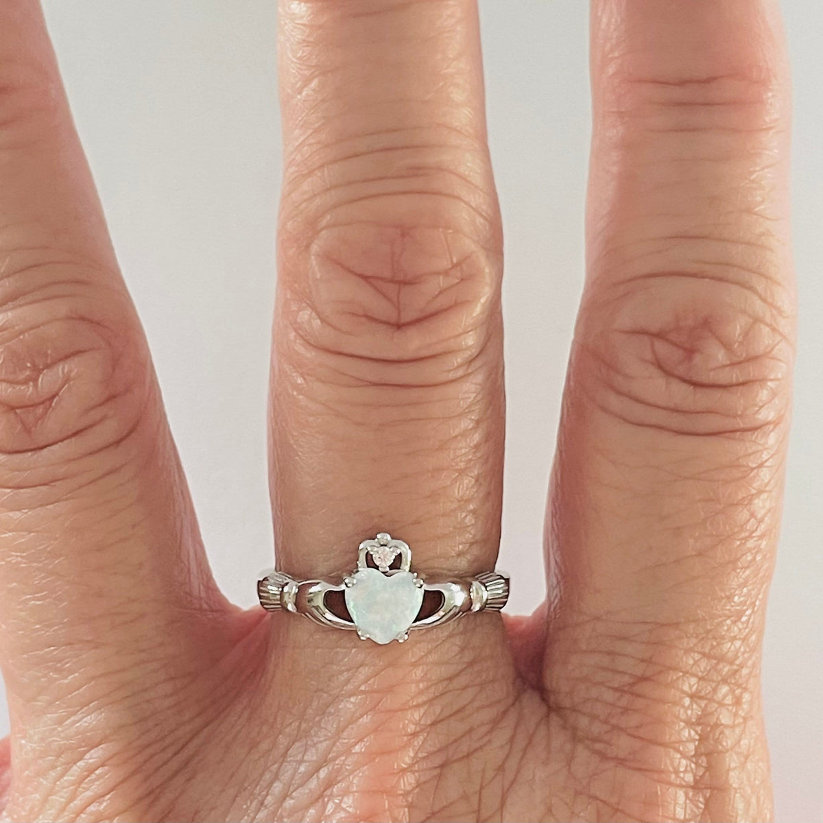 Sterling Silver Heart Claddagh Ring: White Opal & CZ