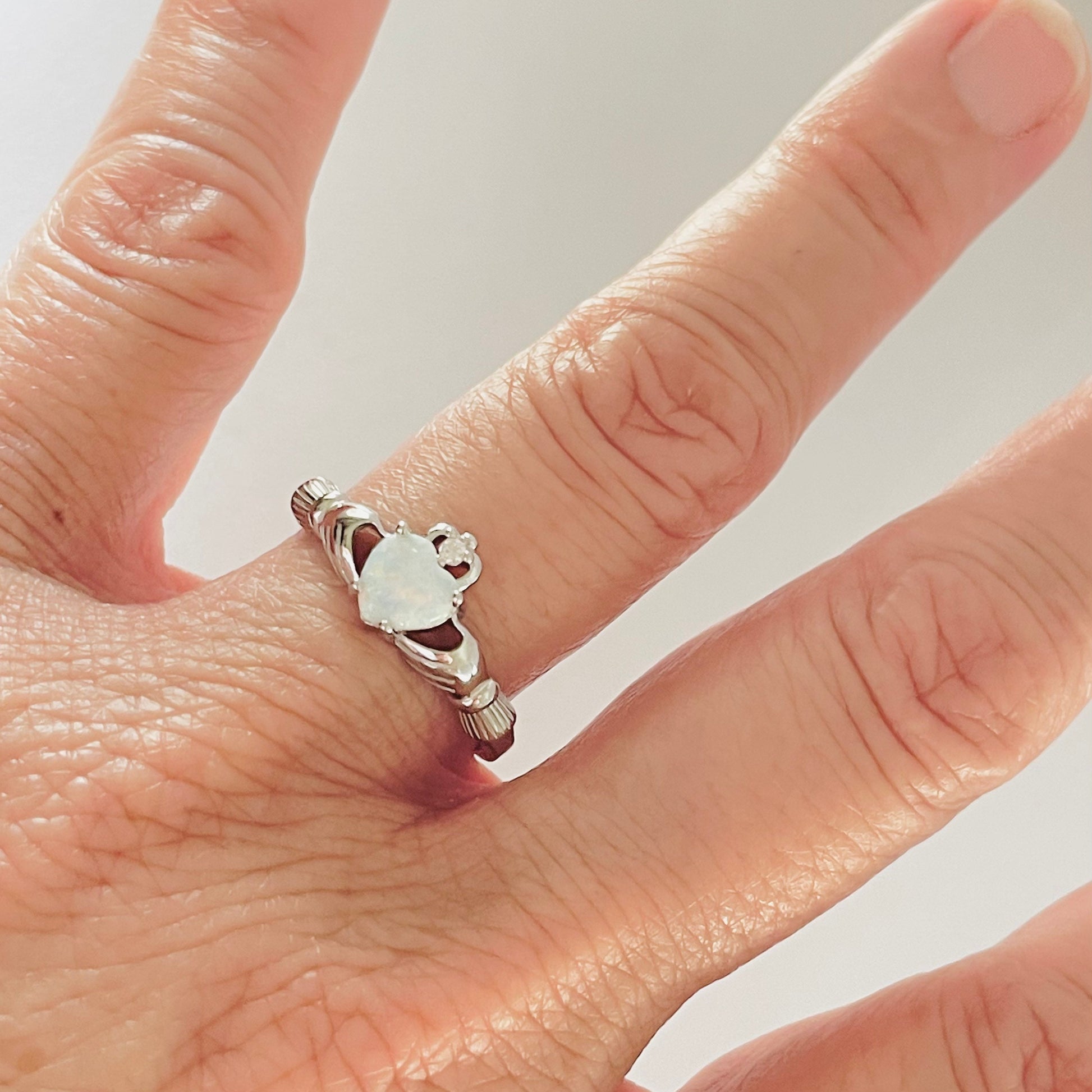 Sterling Silver Heart Claddagh Ring: White Opal & CZ
