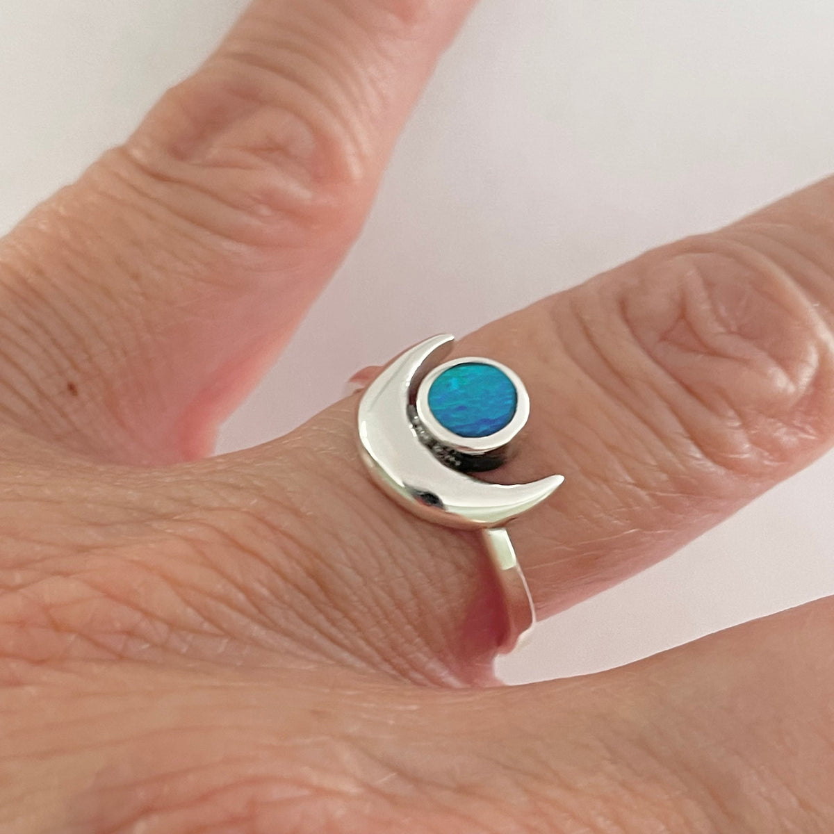 Sterling Silver Opal Moon Ring: Celestial Statement Ring