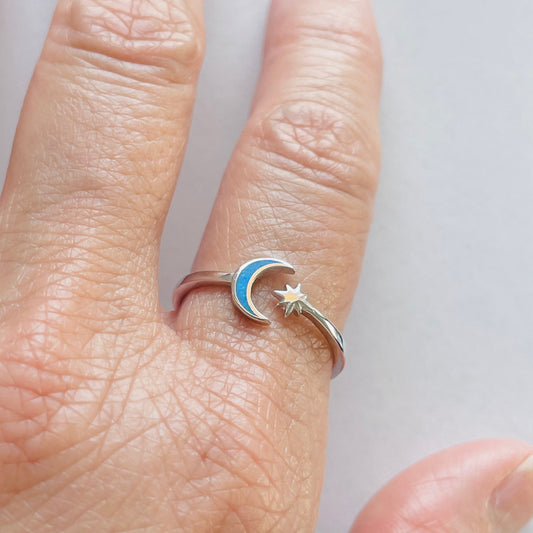Sterling Silver Danity Twinkle Star and Half Moon Blue Lab Opal Ring, Celestial Moon Ring, Boho Ring, Moon Promise Ring, Promise Star Ring,