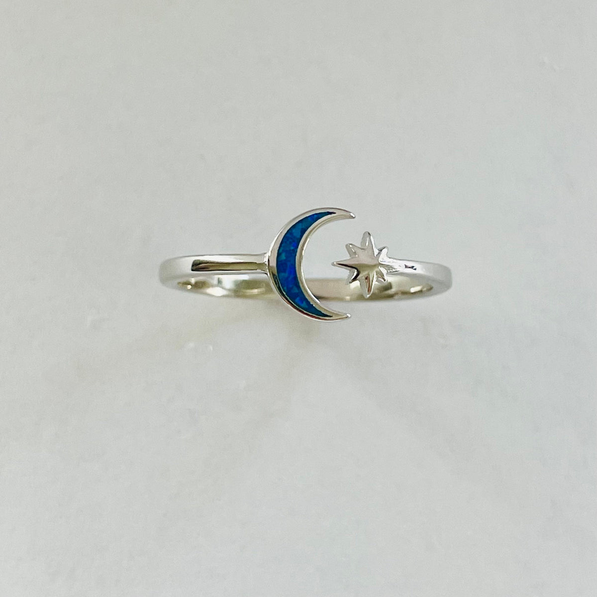 Sterling Silver Moon and Star Ring: Blue Lab Opal Celestial Jewelry