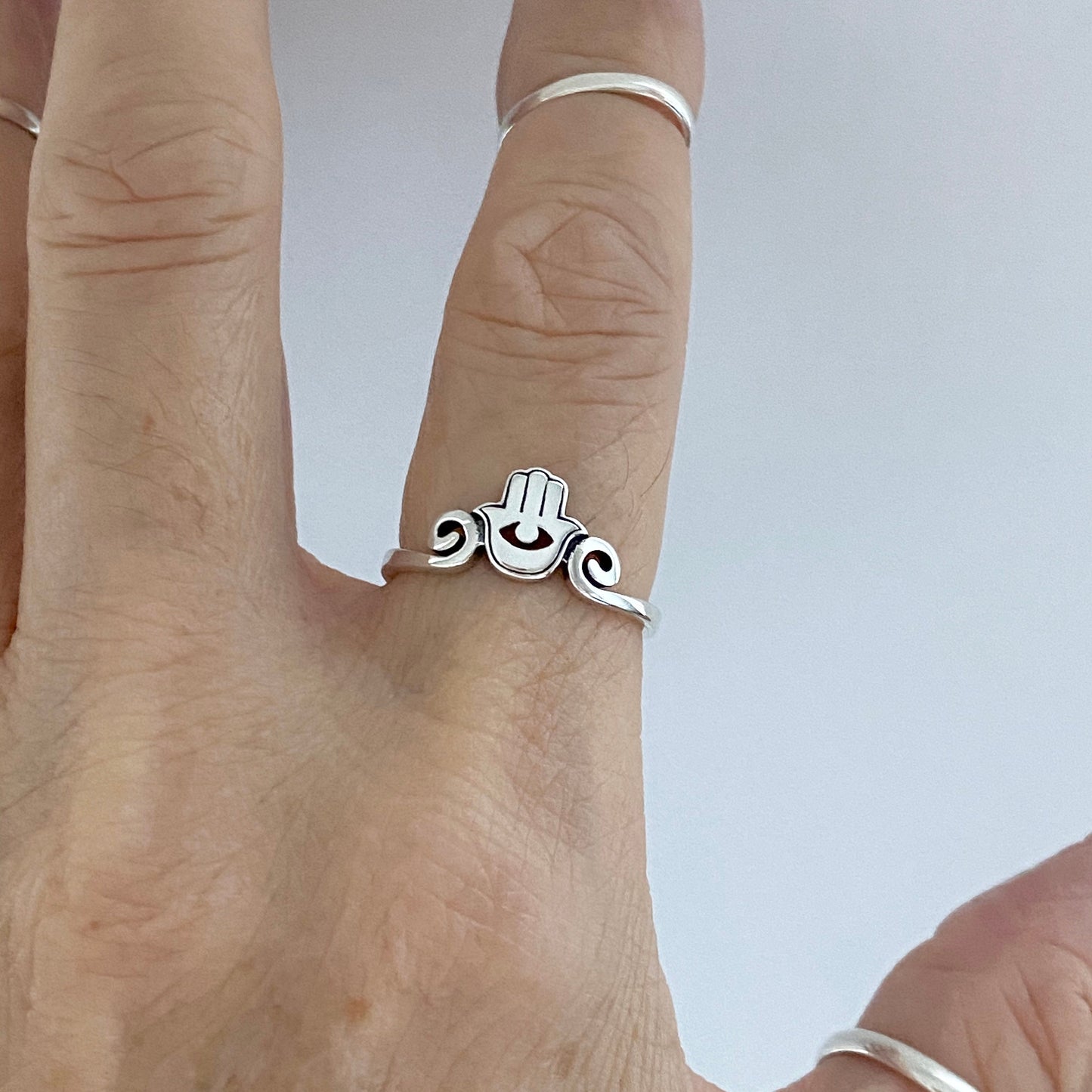 Oxidized Sterling Silver Hamsa Hand Ring: Protective Evil Eye Jewelry