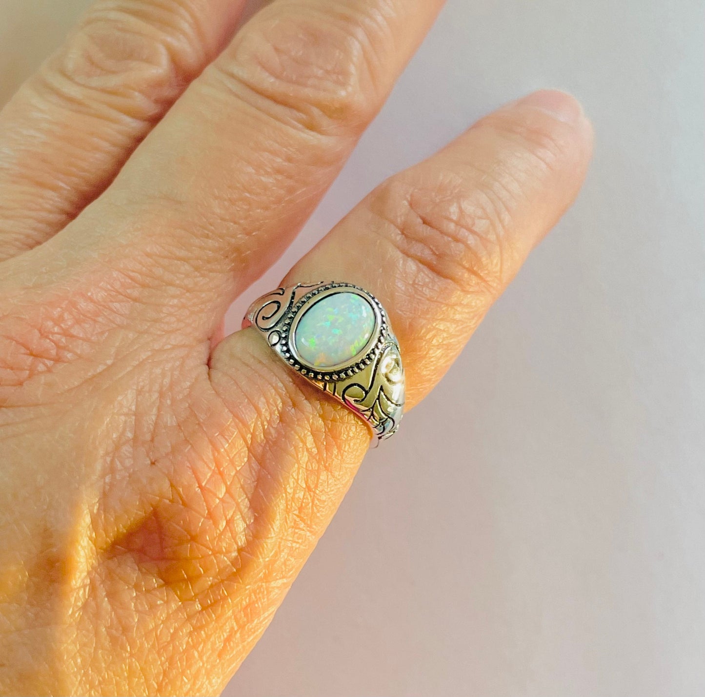 Oxidized Sterling Silver Opal Ring: Unisex Boho Statement Ring