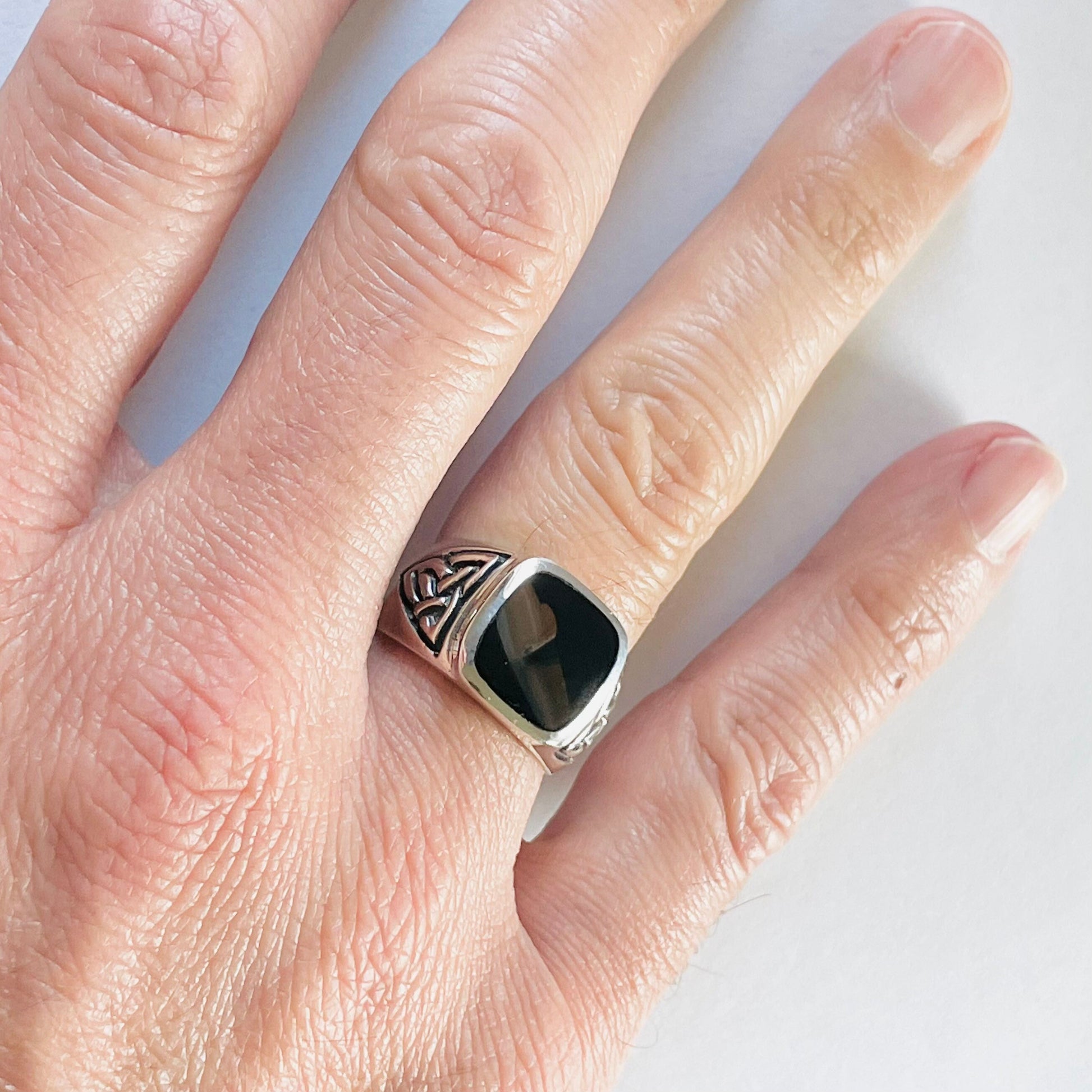 Sterling Silver Unisex Heavy Large Celtic Square Black Agate Band, Silver Black Agate Ring, Celtic Wedding Ring, Boho Ring, Statement Ring,