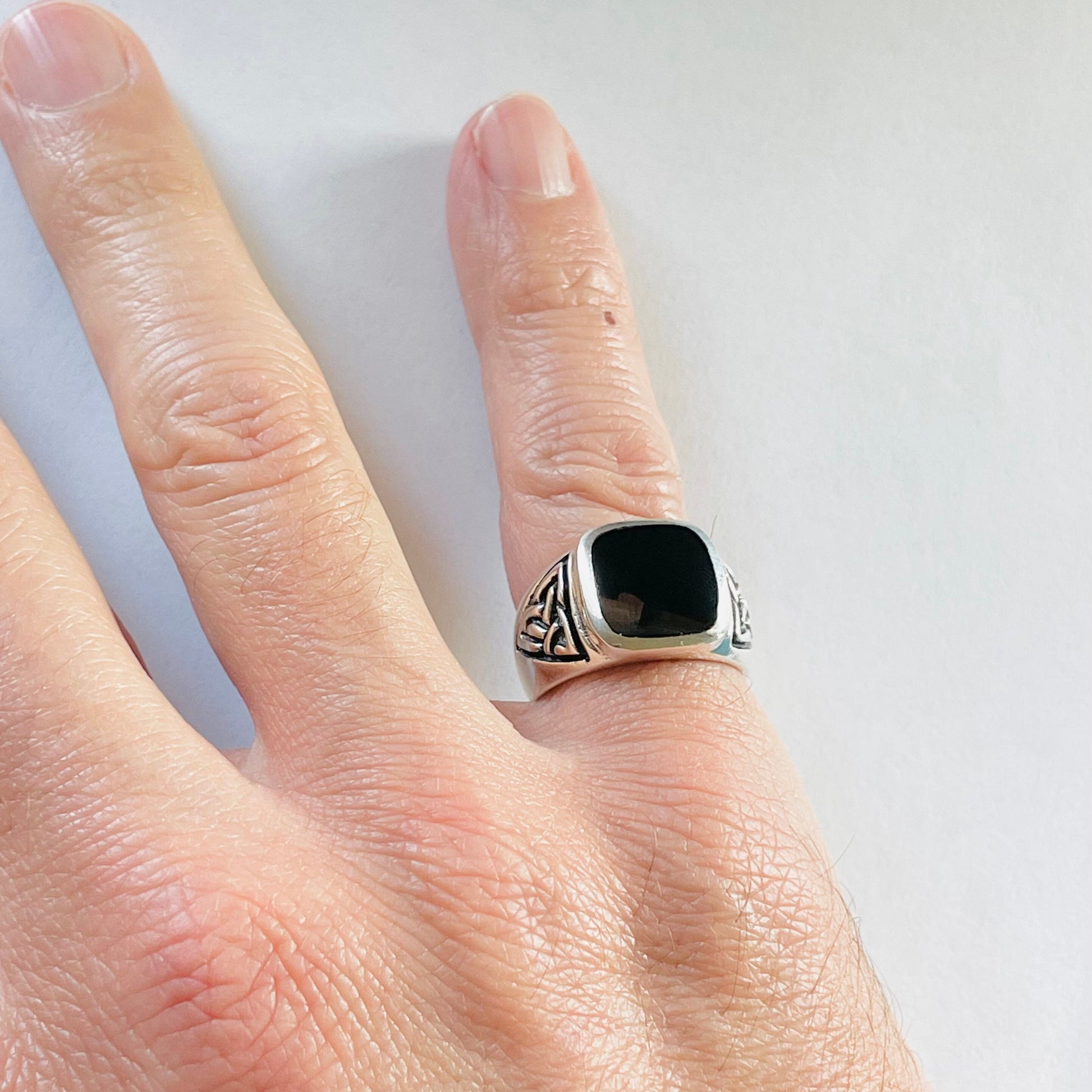 Sterling Silver Unisex Heavy Large Celtic Square Black Agate Band, Silver Black Agate Ring, Celtic Wedding Ring, Boho Ring, Statement Ring,