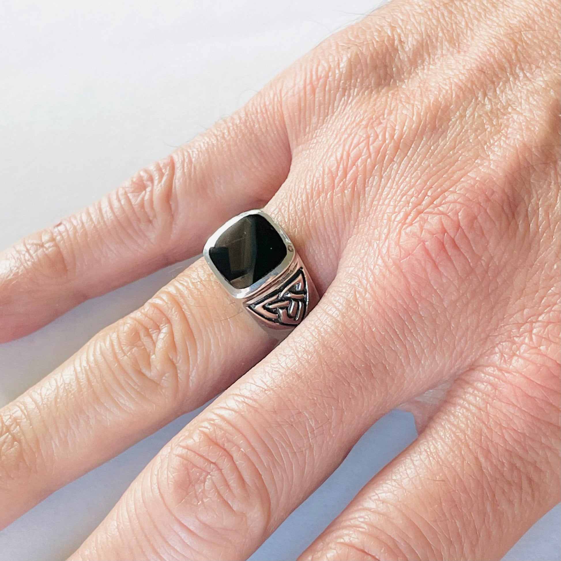 Sterling Silver Unisex Heavy Large Celtic Square Black Agate Band, Silver Black Agate Ring, Celtic Wedding Ring, Boho Ring, Statement Ring,